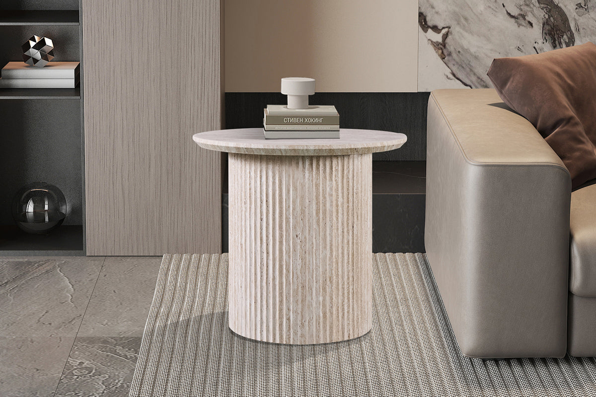 Table basse Lagos 50 cm Ronde Décor Travertin Beige