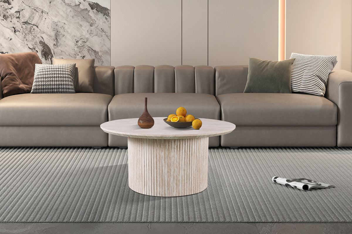 Table basse Lagos 80 cm Ronde Décor Travertin Beige