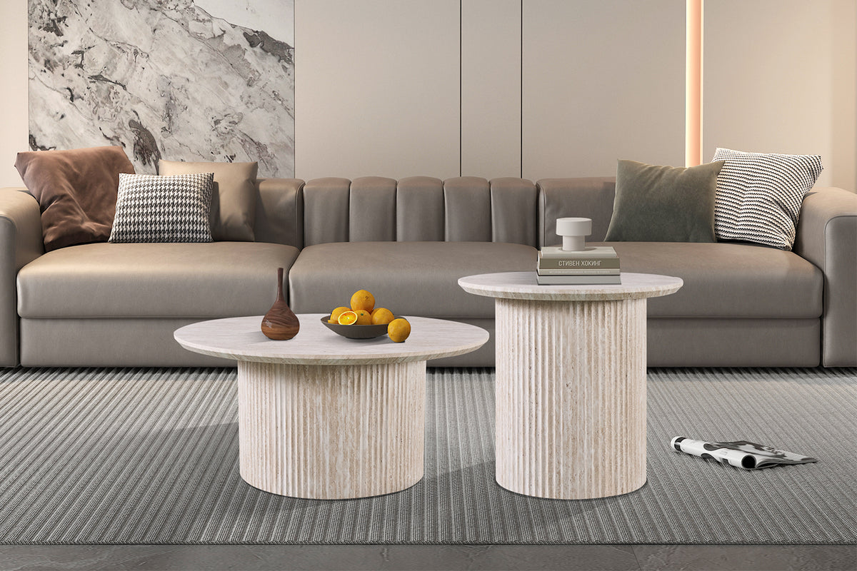 Table basse Lagos 80 cm Ronde effet travertin Beige