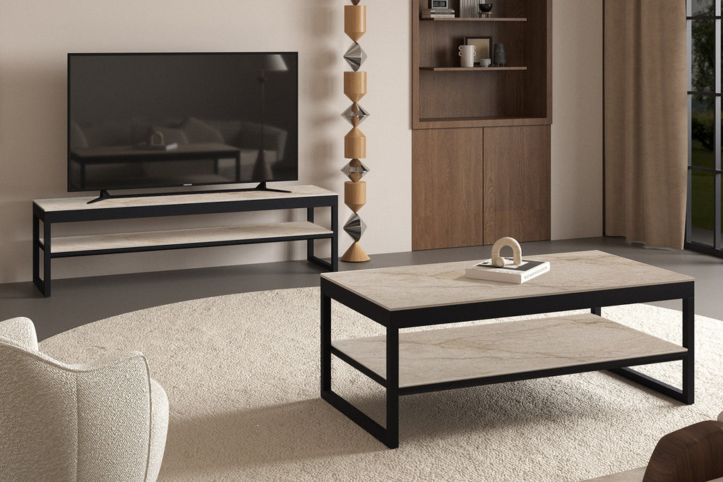 Table basse Axelle Plateau relevable Pierre brillante Shakspear Beige