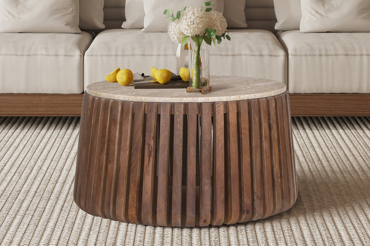 Table basse Luuk 70 cm Bois de manguier avec Travertin Rond Beige