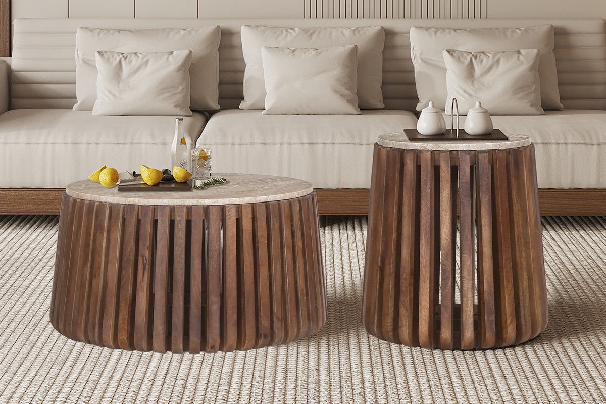Table basse Luuk 70 cm bois de manguier avec Travertin Rond Beige