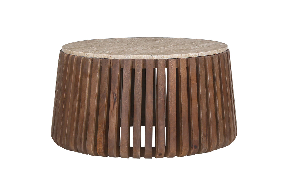 Table basse Luuk 70 cm bois de manguier avec Travertin Rond Beige