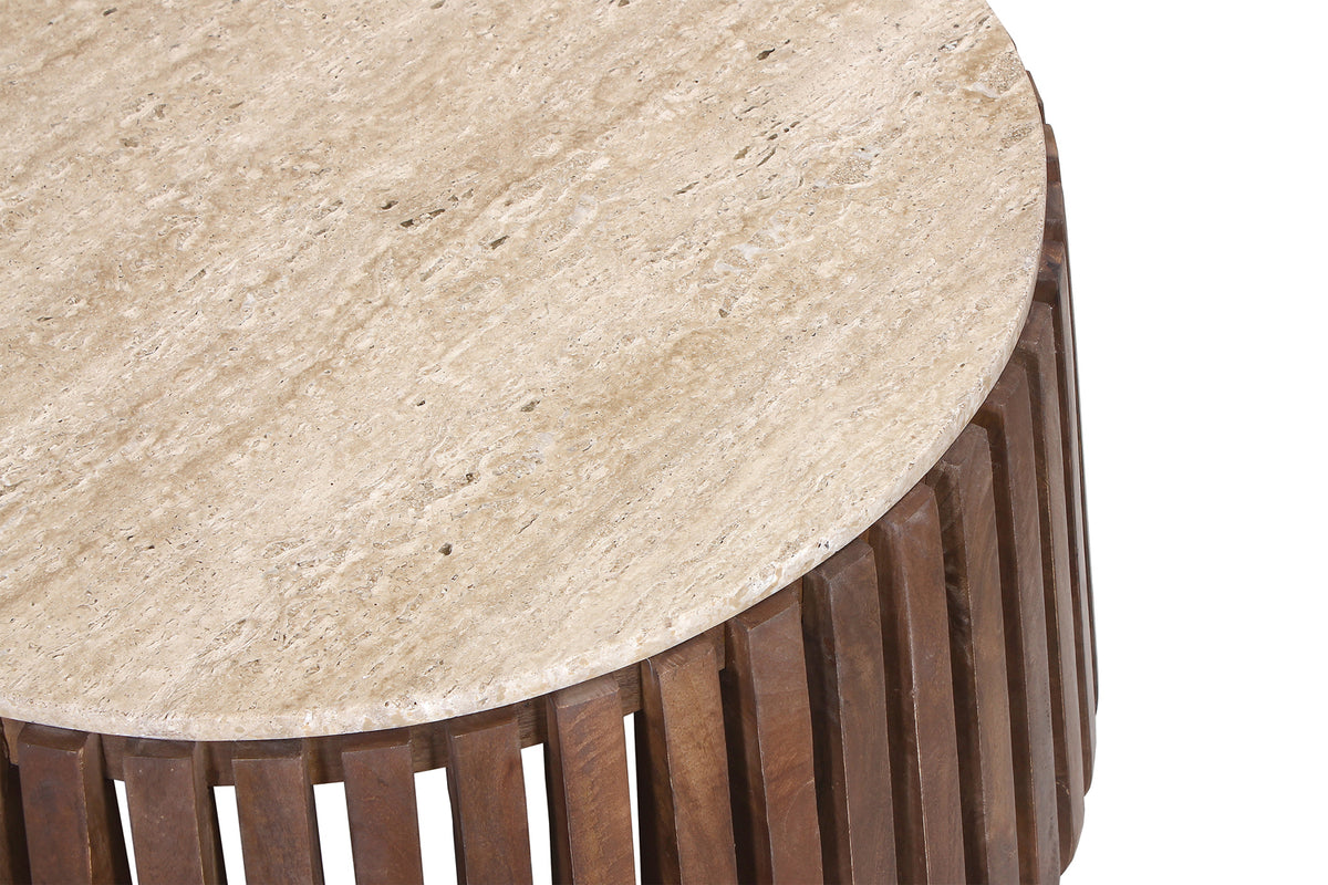 Table basse Luuk 70 cm bois de manguier avec Travertin Rond Beige