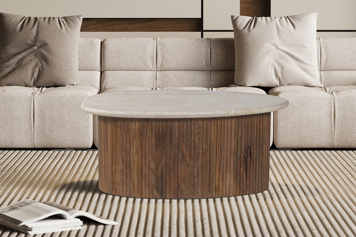 Table basse Louis 90 cm Bois de manguier avec Travertin Beige