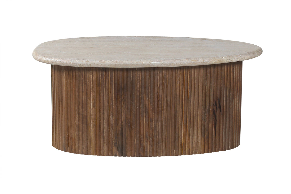 Table basse Louis 90 cm bois de manguier avec Travertin Beige