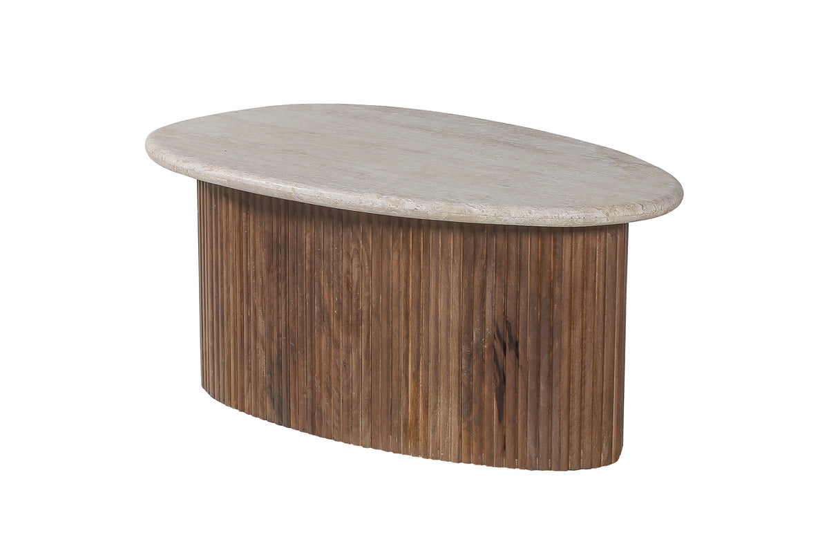 Table basse Louis 90 cm bois de manguier avec Travertin Beige