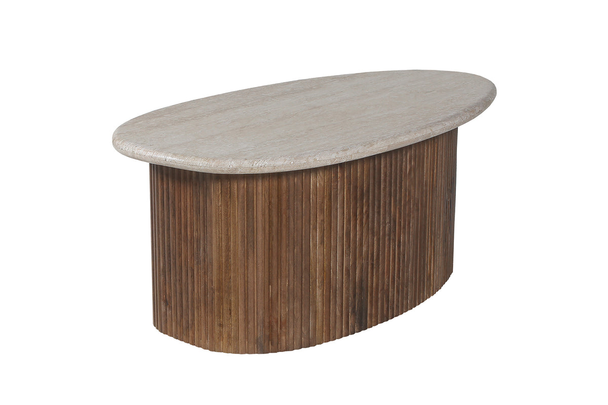 Table basse Louis 90 cm bois de manguier avec Travertin Beige