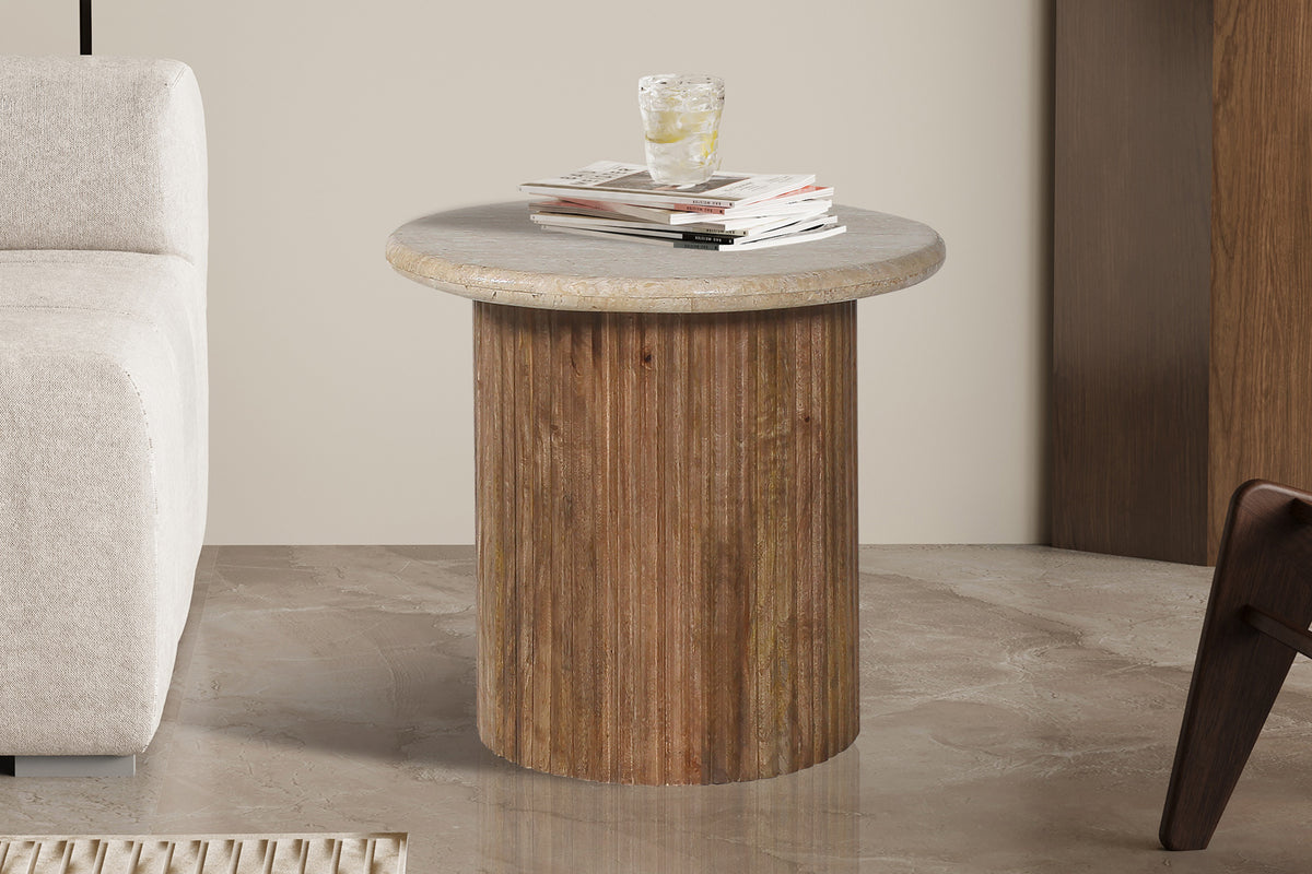 Table dappoint Louis 50 cm Bois de manguier avec Travertin Beige