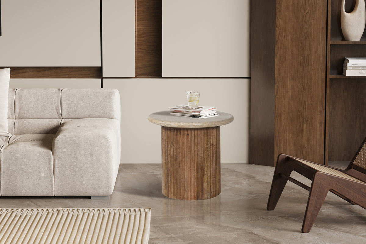 Table d'appoint Louis 50 cm bois de manguier avec Travertin Beige