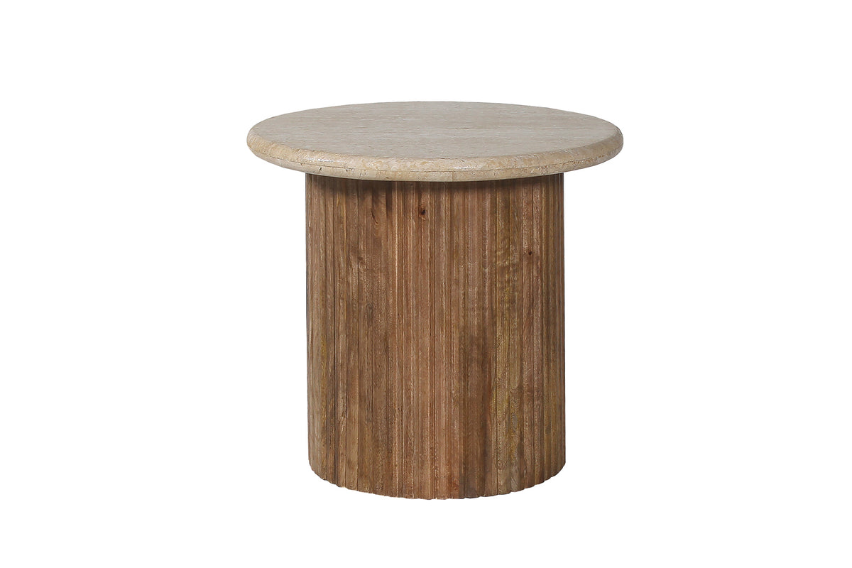 Table d'appoint Louis 50 cm bois de manguier avec Travertin Beige