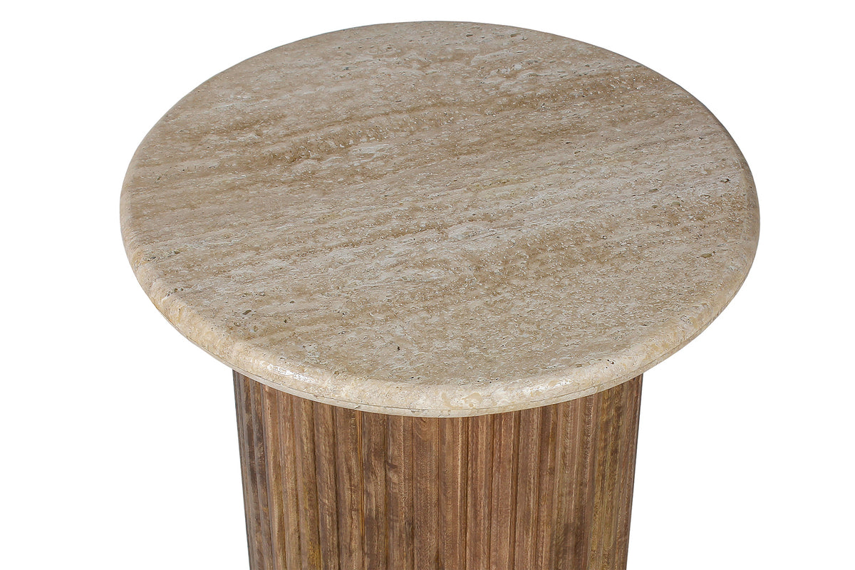 Table d'appoint Louis 50 cm bois de manguier avec Travertin Beige