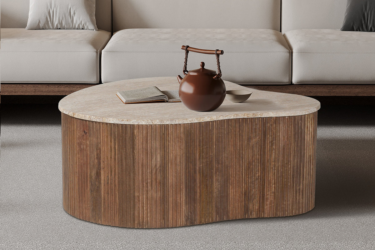 Table basse Paul 83 cm Bois de manguier avec Travertin Beige