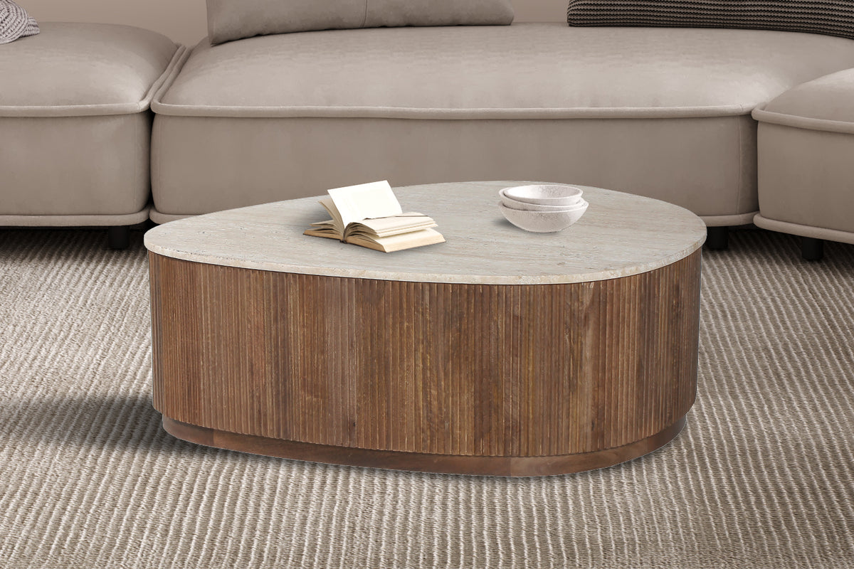 Table basse Nolan 100 cm Bois de manguier avec Travertin Beige
