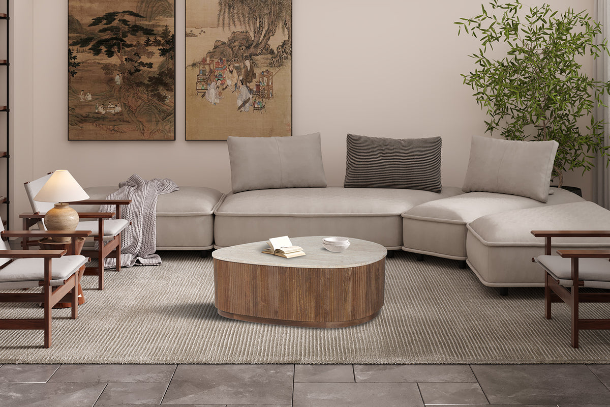Table basse Nolan 100 cm bois de manguier avec Travertin Beige