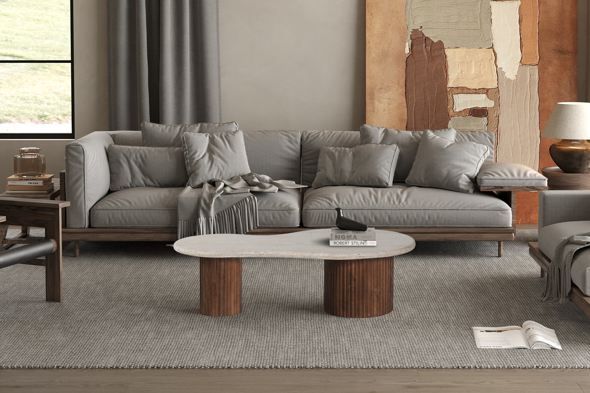 Table basse Marlon 120 cm bois de manguier avec Travertin Beige