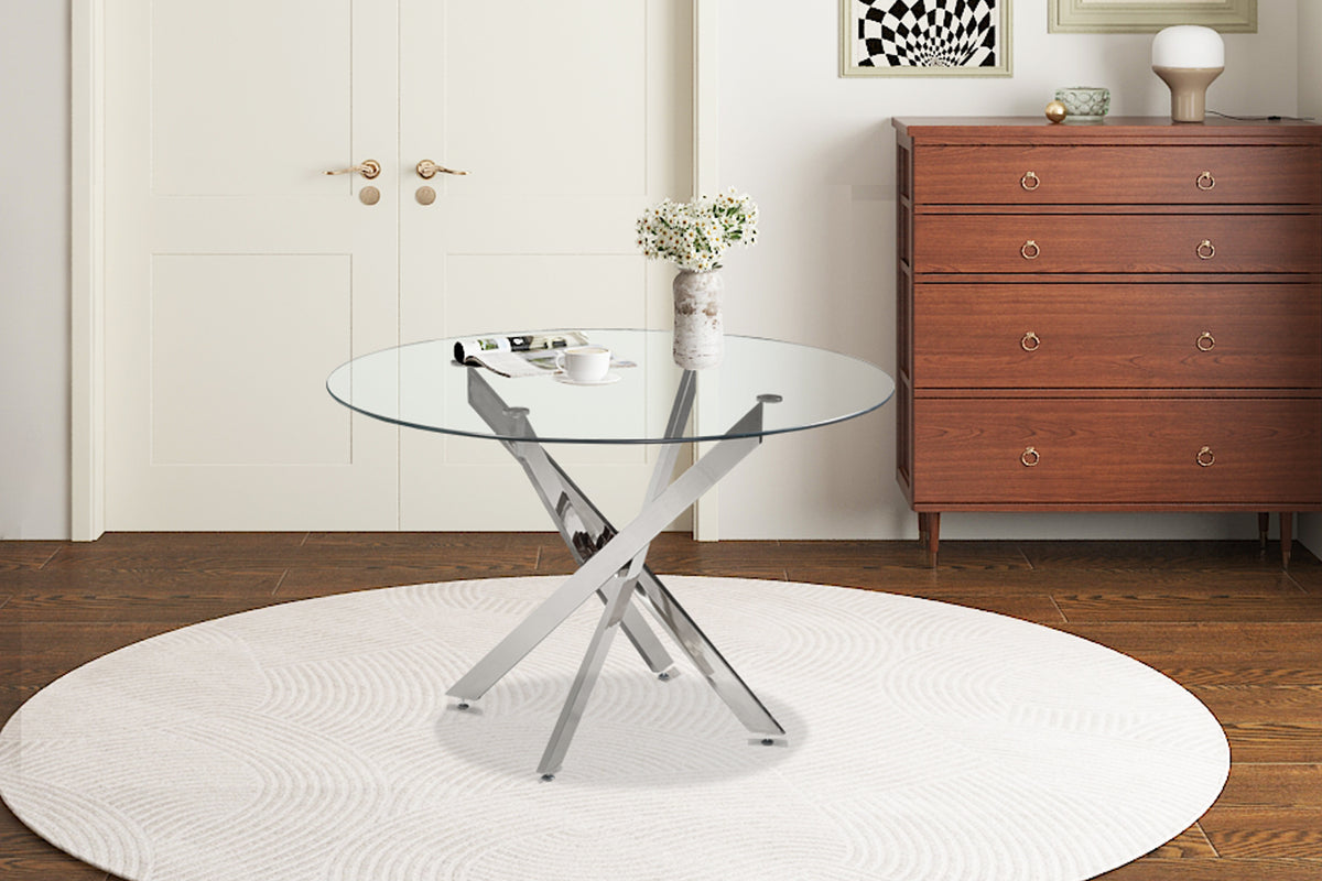 Table Lasi 120 cm Ronde Verre, Pieds chromés