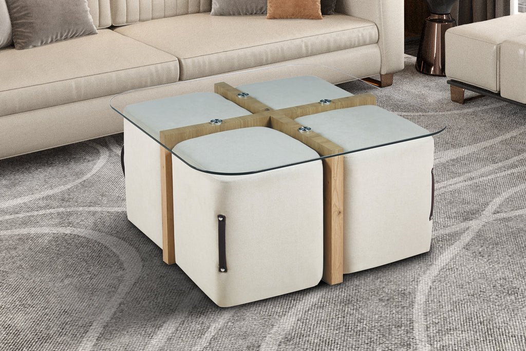 Table basse Shana avec 4 poufs tissu Décor Chêne vieilli