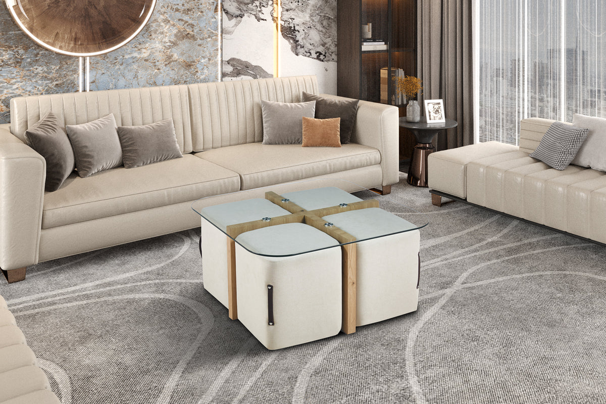 Table basse Shana avec 4 poufs tissu effet chêne vieilli