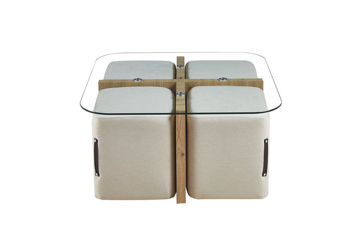 Table basse Shana avec 4 poufs tissu effet chêne vieilli