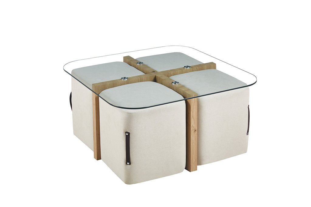 Table basse Shana avec 4 poufs tissu effet chêne vieilli