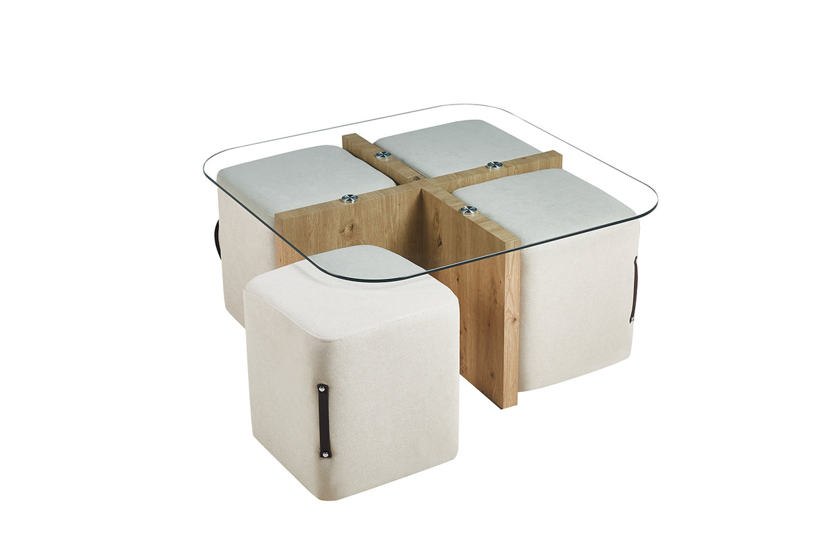Table basse Shana avec 4 poufs tissu effet chêne vieilli