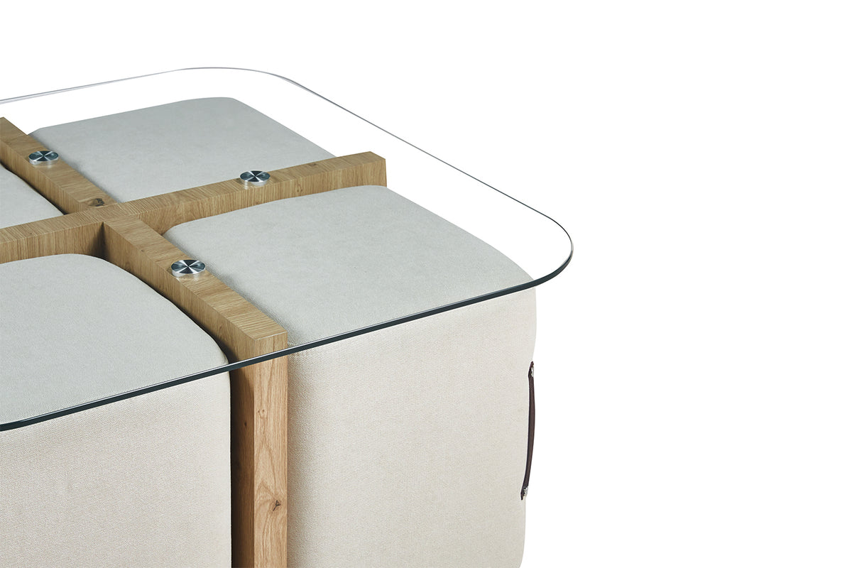 Table basse Shana avec 4 poufs tissu effet chêne vieilli
