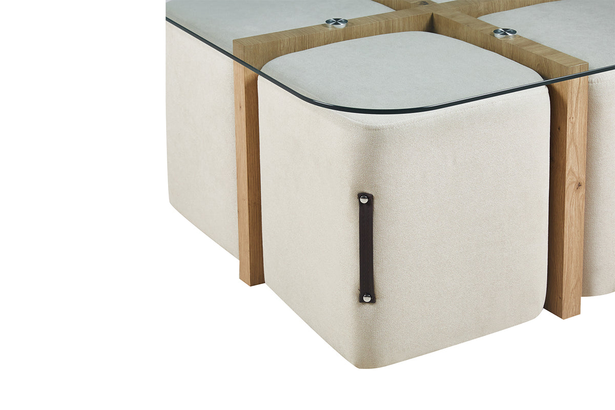 Table basse Shana avec 4 poufs tissu effet chêne vieilli