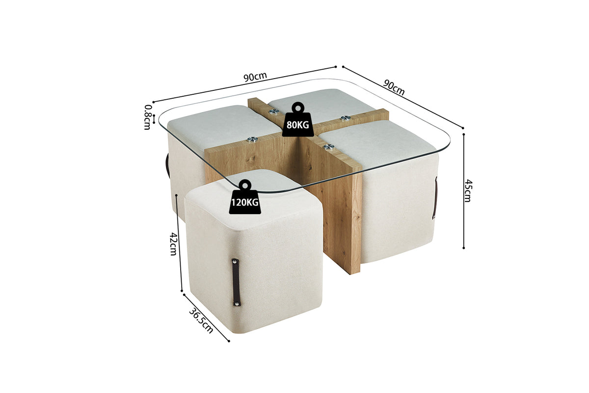 Table basse Shana avec 4 poufs tissu effet chêne vieilli