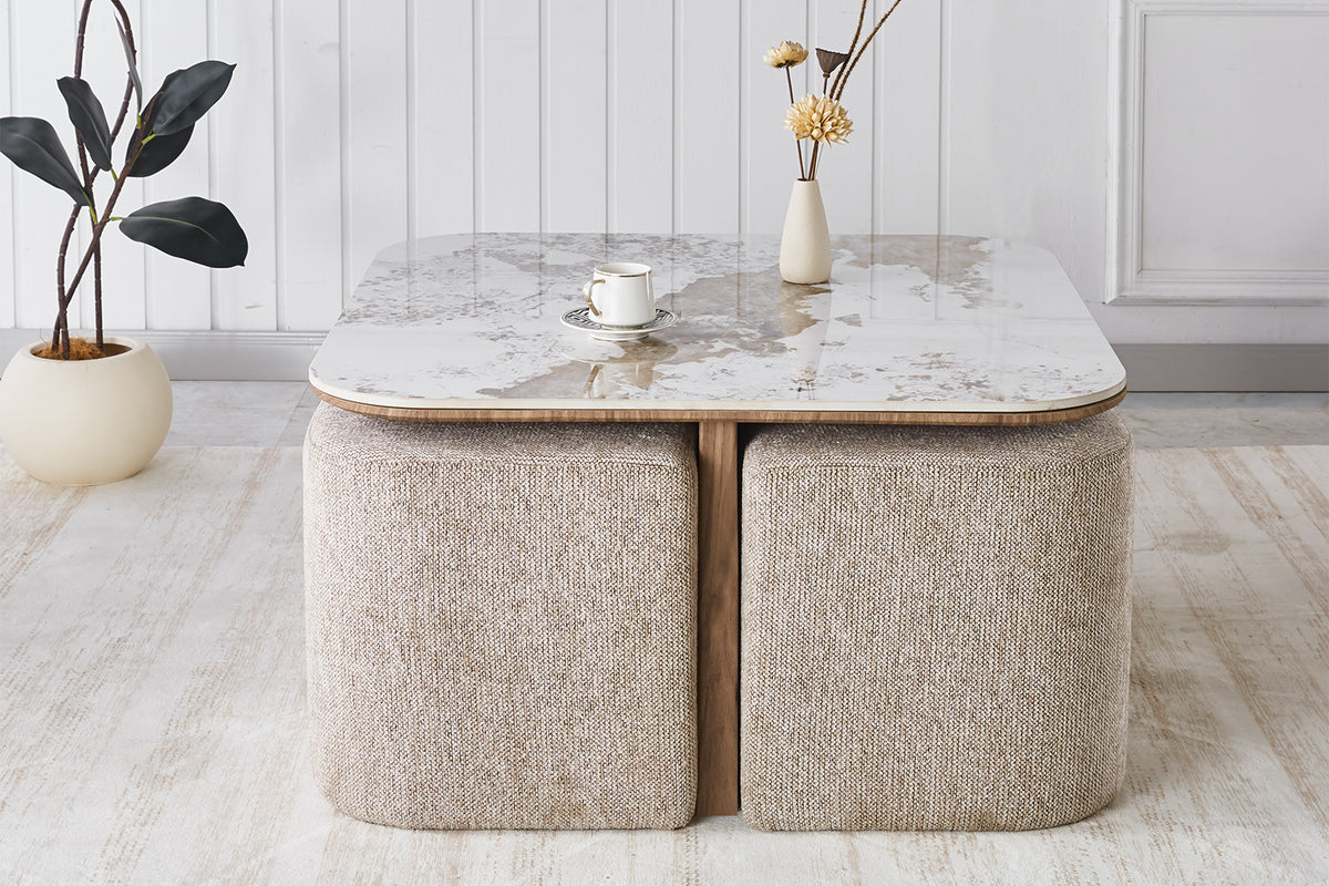 Table basse Evora avec 4 poufs tissu pierre brillante