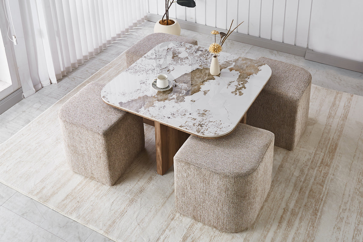 Table basse Evora avec 4 poufs tissu pierre brillante