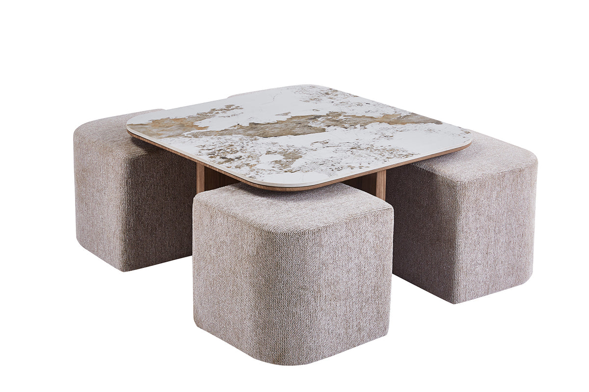 Table basse Evora avec 4 poufs tissu pierre brillante