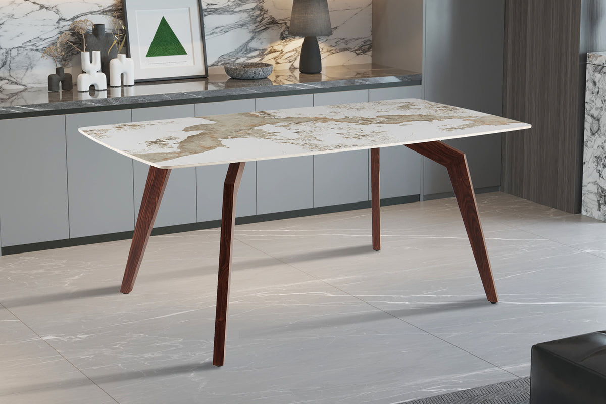 Table Alma 180x90 cm pierre brillante – Pied noyer