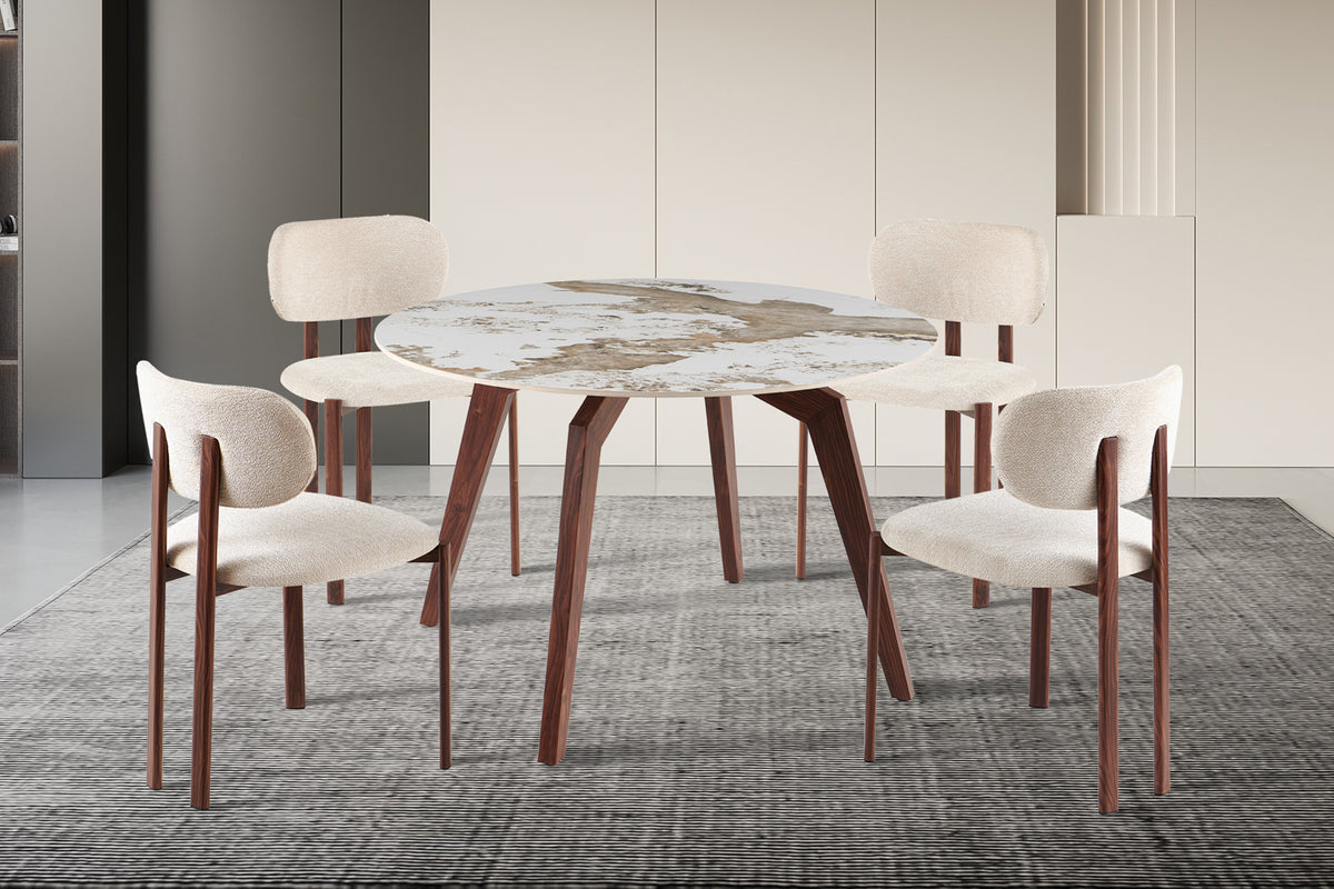 Table Alma 120 cm Rond pierre brillante – Pied noyer