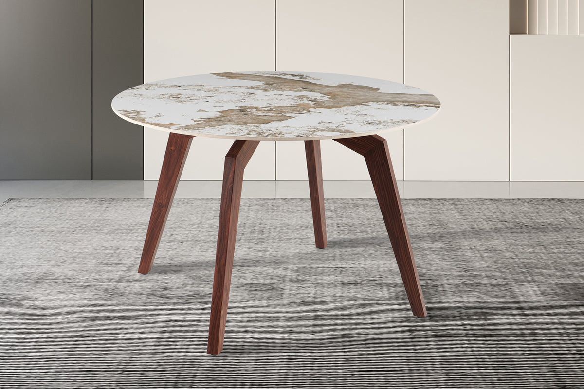Table Alma 120 cm Rond pierre brillante – Pied noyer