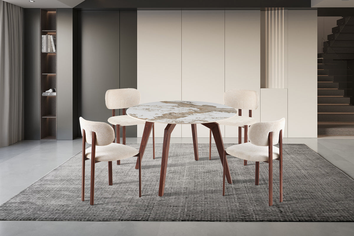 Table Alma 120 cm Rond pierre brillante – Pied noyer