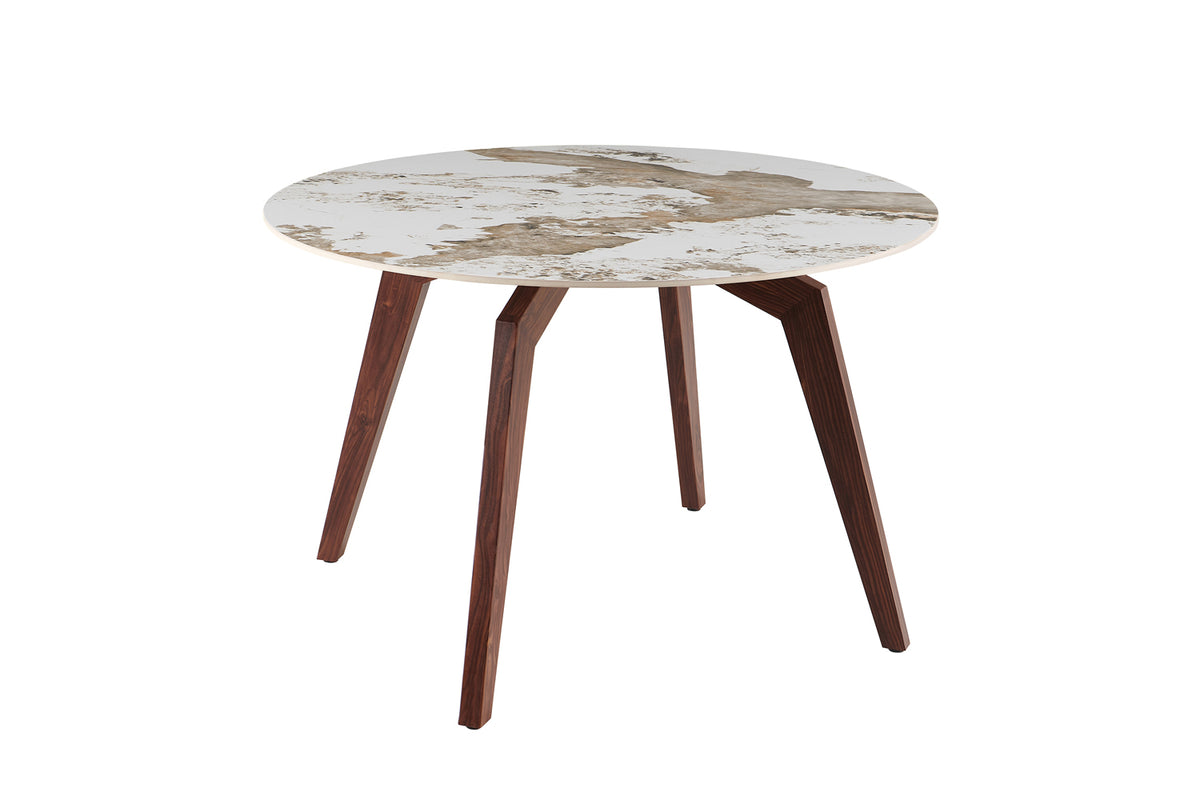 Table Alma 120 cm Rond pierre brillante – Pied noyer