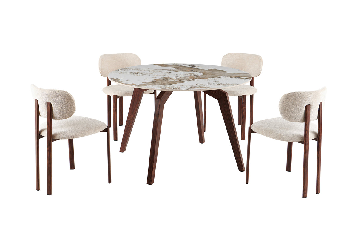 Table Alma 120 cm Rond pierre brillante – Pied noyer