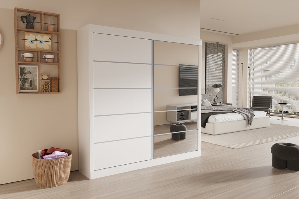 Armoire Mike 2 Porte Coulissante, 1 Porte Miroir Blanc