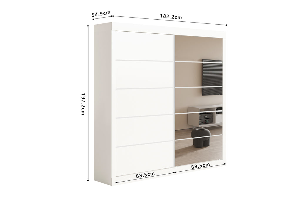 Armoire Mike 2 Porte Coulissante, 1 Porte Miroir Blanc