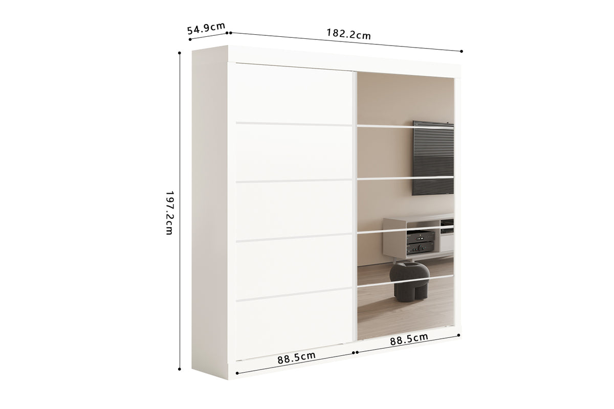 Armoire Mike 2 Porte Coulissante, 1 Porte Miroir Blanc