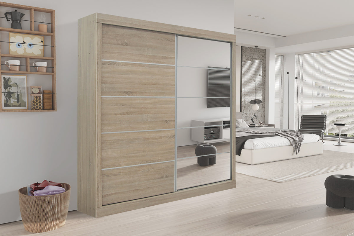 Armoire Mike 2 Porte Coulissante, 1 Porte Miroir Sonoma