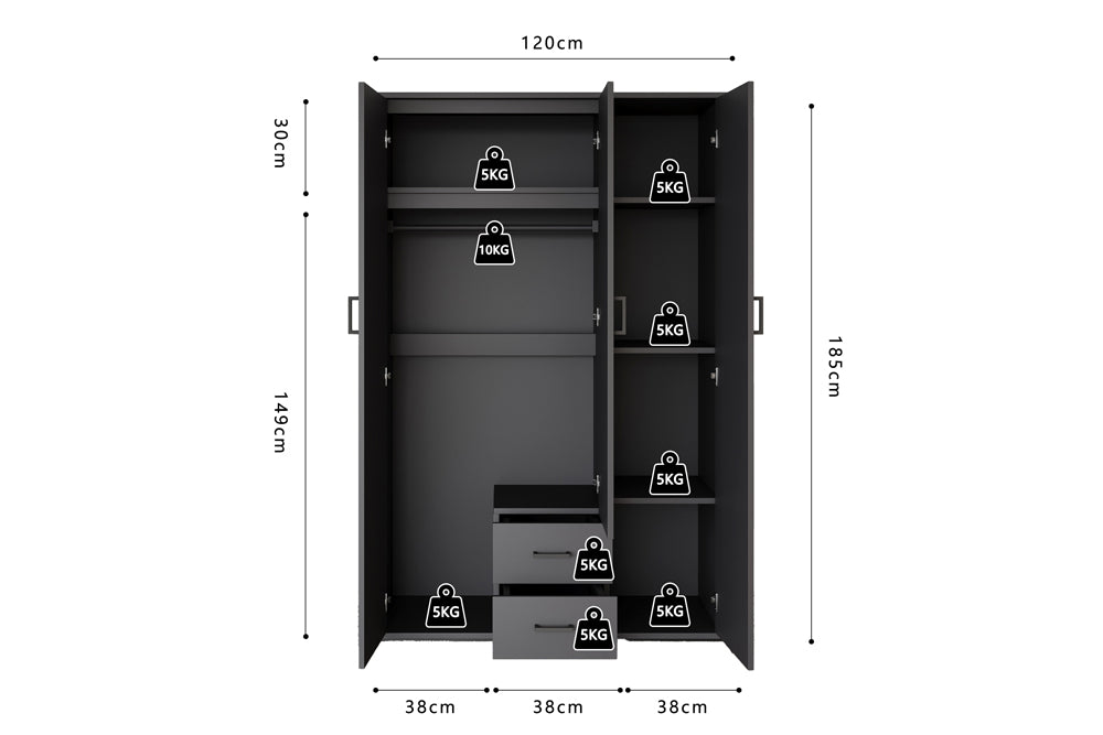Armoire Marc 3 portes avec miroir Gris foncé