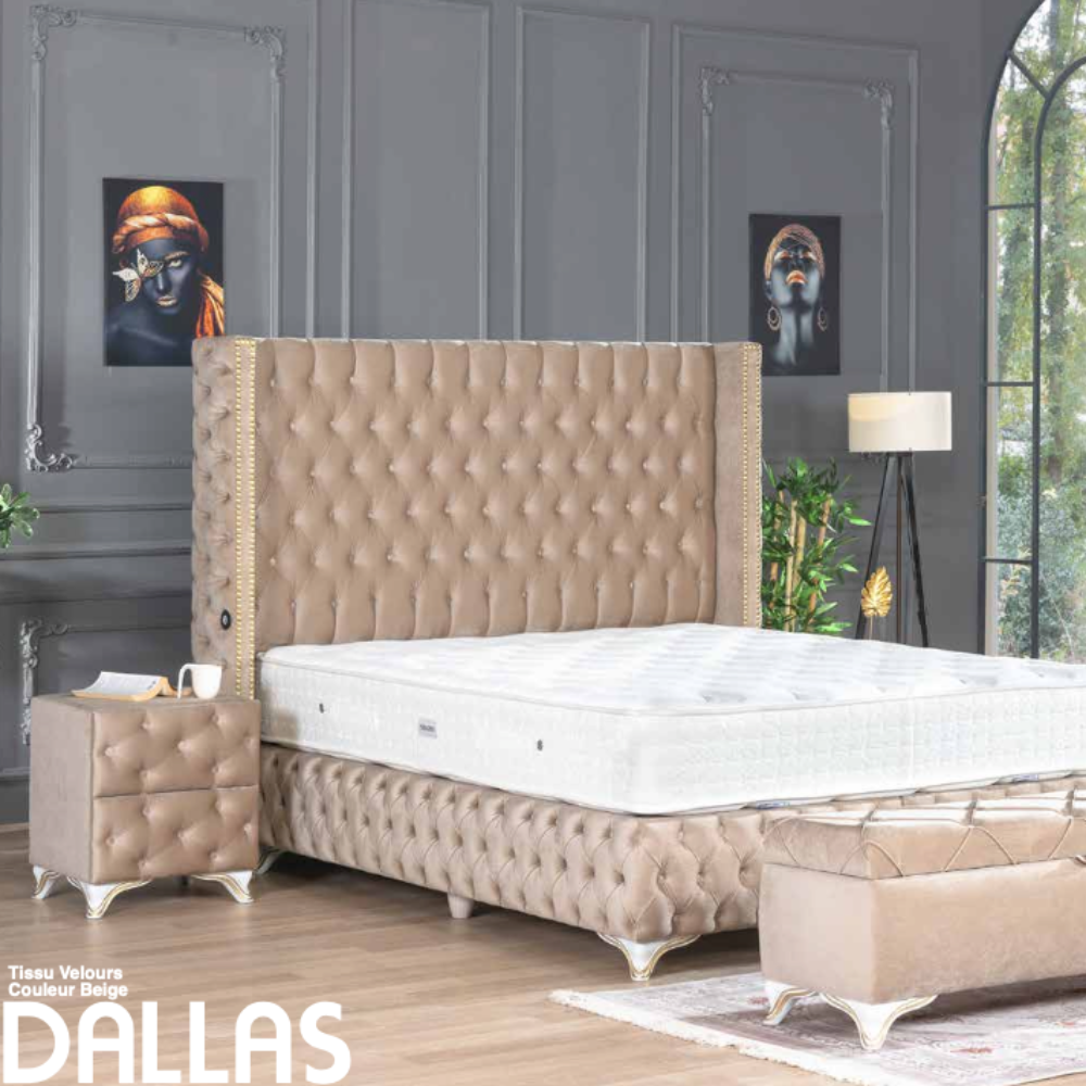 Lit coffre Dallas velours beige