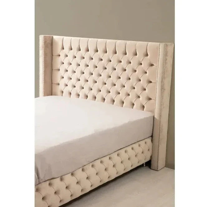 Lit Coffre Clouté Velours Beige