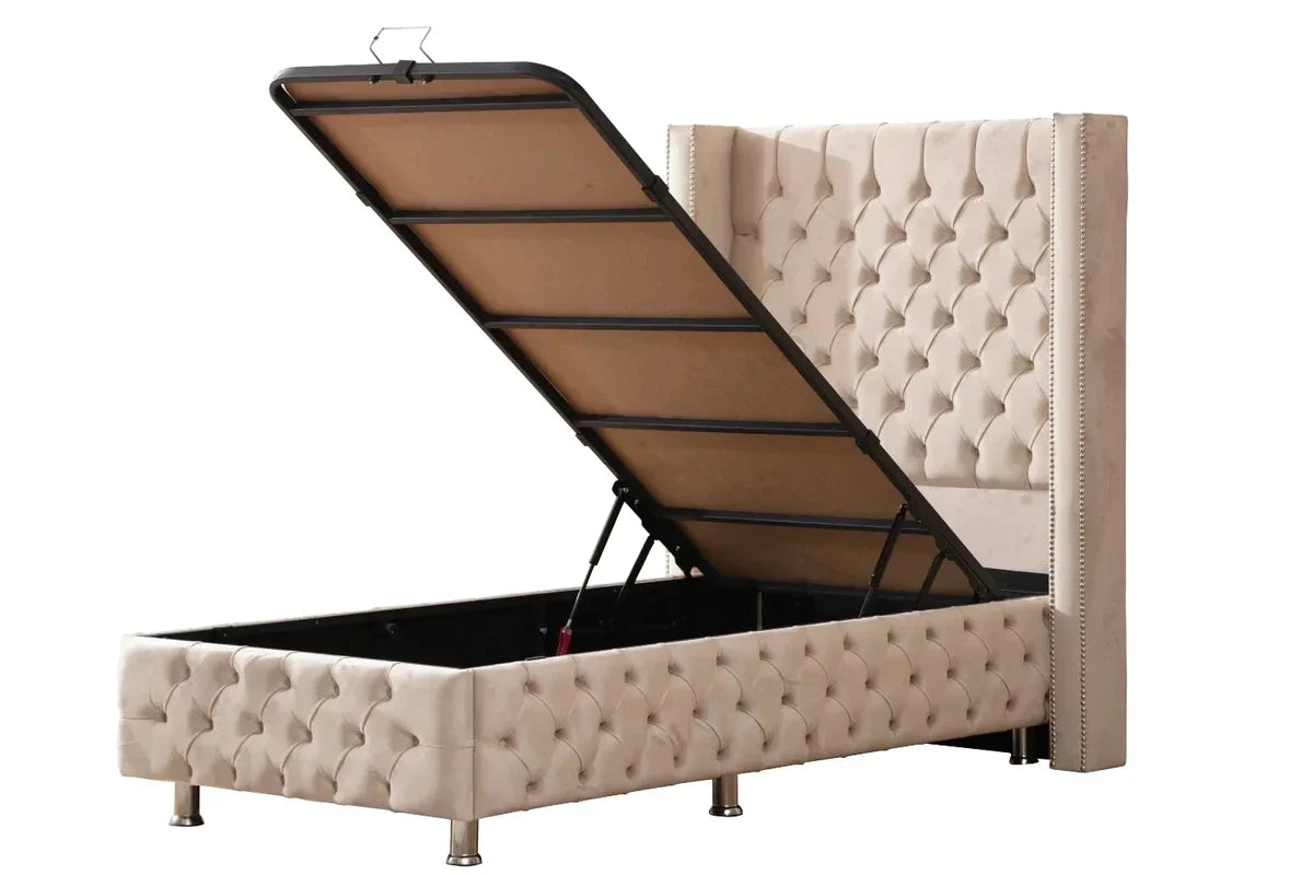 Lit Coffre Clouté Velours Beige 90x190