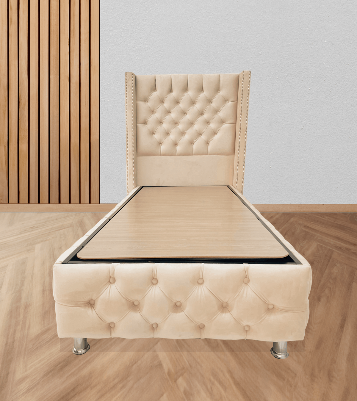 Lit Coffre Clouté Velours Beige 90x190