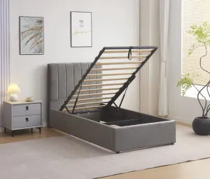 Lit coffre Delhi 90 × 190 cm – Tissu gris avec rangement intégré