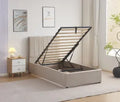 Lit coffre Delhi 90 × 190 cm – Tissu taupe avec rangement intégré