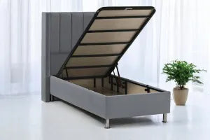 Lit coffre Tokyo 90 × 190 cm en velours gris avec rangement intégré